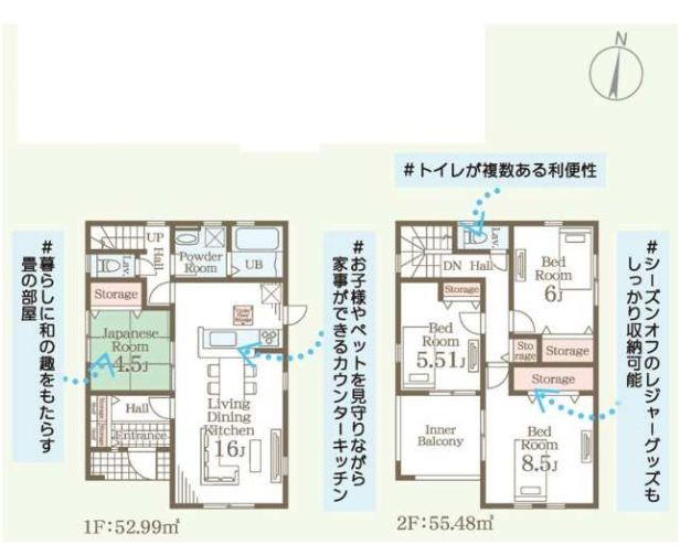 リーブルガーデンS富岡市下高瀬第１　7号棟の間取り|収納充実♪南向きの4LDKで陽当たり良好な間取りです！
土地面積189.95㎡、建物面積108.47㎡で十分な広さです！