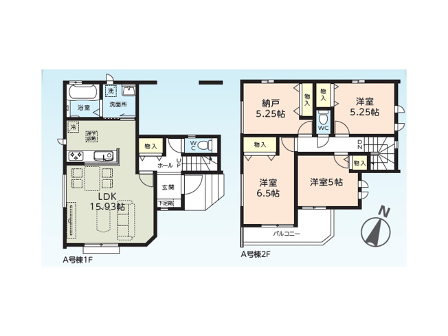 【間取り】 | 朝霞市根岸台4丁目　新築一戸建住宅　全1棟　(ふじみ野店) | 南面リビング、南面バルコニーで明るいお住まい。
全室2面彩光につき陽当たり・風通し良好です。