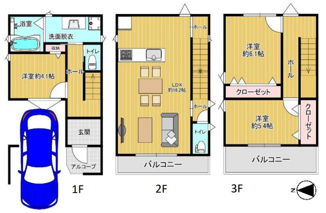 【間取り】 | 東大阪市鳥居町 | 【全洋室3LDK＋車庫】食洗器・浴室乾燥機完備☆3階の洋室には大容量のクローゼット完備です♪