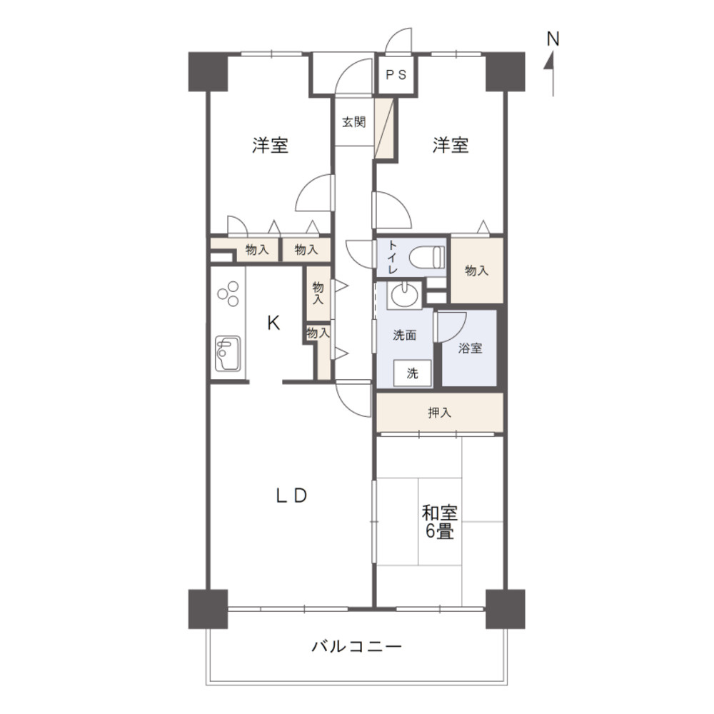 ヒューマンハイツ宇野ポートの間取り|専有面積：71.28㎡の3LDK、南向きのため、日当良好な物件です。