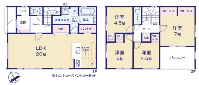 入間市豊岡2丁目・全1棟　新築一戸建　の間取り|LDK広々20帖！4LDKの間取りです。