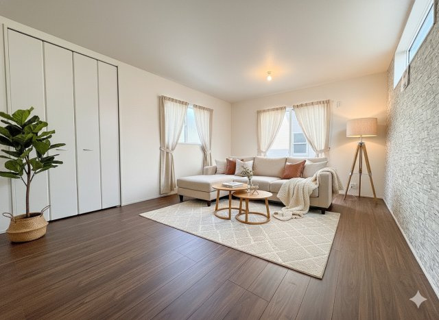 三郷市鷹野4丁目　新築戸建　全6棟　4号棟の居間・リビング|同施工会社の参考写真にCGによる画像処理を行っています。家具、小物、カーテン等はイメージはCGです。