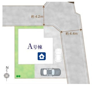新座市新堀1丁目・全1棟　新築一戸建　～北東角地～の区画図|駐車2台可(車種制限あり)、日当たり・通風良好な北東角地です。