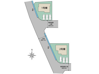 【区画図】 | 中央市井之口 オール電化新築 全2棟 1号棟 南西角地 | 1号棟区画図 接道：南6.0ｍ(公道)・西6.7ｍ(公道)　車3台並列駐車可