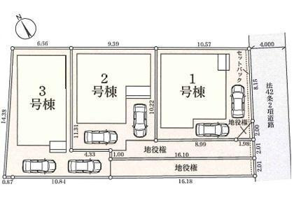 茅ヶ崎市萩園　新築戸建　全3棟の区画図|対象地は2号棟です。