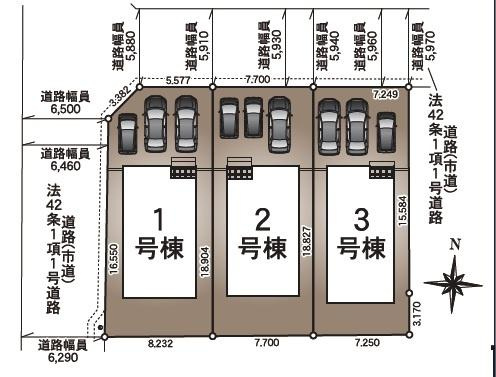 宮崎市祇園第２－２号棟　新築戸建の区画図|【区画図】
駐車スペース並列3台可能。（車種によります）