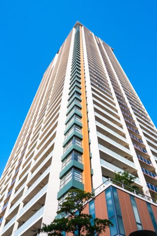 【外観】 | 【外観】夜になると、エレベーターが美しい光の縦ラインに。魅力的なライティングで輝く夜のタワー！