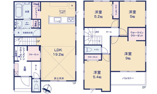 【間取り】 | 安佐北区可部東1（可部駅）全４区画　NO3 | 19.2帖リビング☆2階4室☆ファミリータイプ4LDK☆クローゼット☆ウォークインクローゼット☆シューズインクローゼット☆パントリー