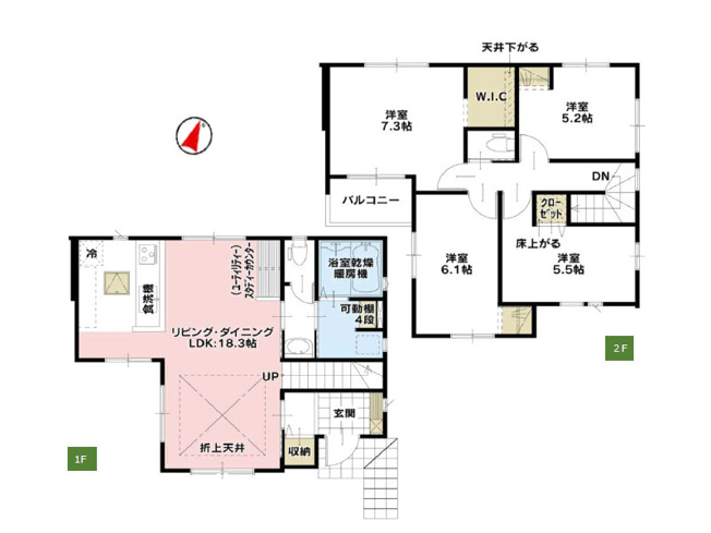 【間取り】 | ふじみ野市富士見台　新築一戸建住宅　全1棟　(ふじみ野店) | LDK18.3帖、WIC付きゆとりの間取り。対面式キッチンやリビング階段でご家族との会話も自然と生まれそうです。