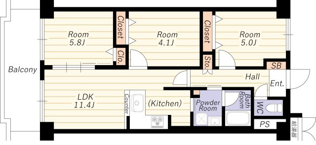 【間取り】 | レックスタウン新高１号館 | 最上階・陽当り良好・Ｒ７年１０月中旬室内改装済・家具付