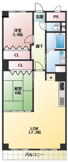 【間取り】 | シャルムシーサイド明石　3F | 間取りは2LDKです。
リビング約17.3帖取られておりますので室内が広々としております。
