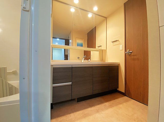 レーヴェンリゾシアヴェスティブルーの洗面所|右手の扉で洋室につながるウォークスルークローゼットへ