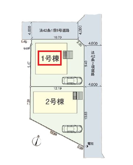 清瀬市竹丘3丁目・全2棟　新築一戸建　1号棟　～北東角地～の区画図|【全2棟・1号棟】
駐車1台可、日当たり・通風良好な北東角地です。