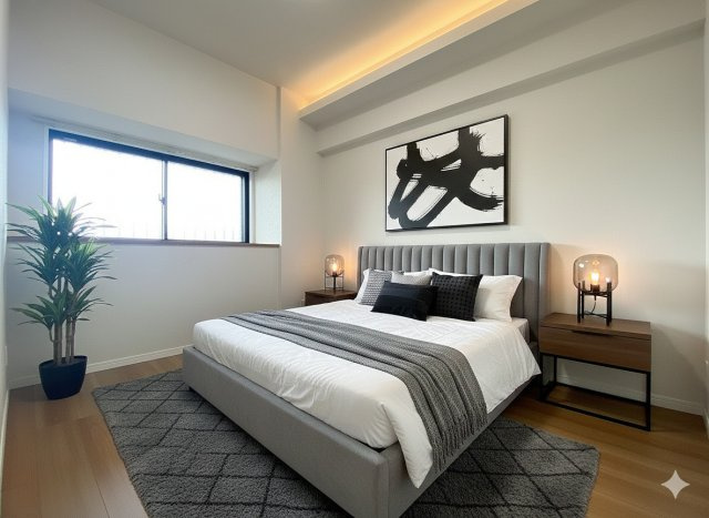 サンライフ吉川　の寝室|現況の物件写真にCGによる画像処理を行っています。家具、家電、小物、カーテン等はイメージはCGです。