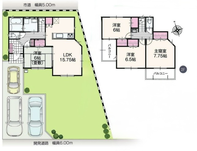 いろどりアイタウン鹿沼市千渡　６号棟の外観|駐車場は並列3台駐車可能◎