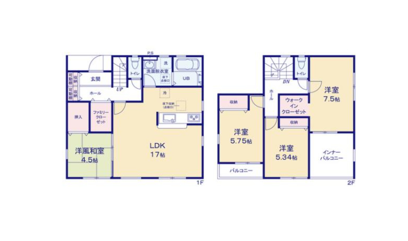 熊本市東区長嶺東第6₋3棟(1号棟)の間取り|全居室収納付きで便利です。