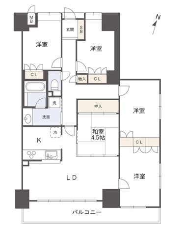 アルファステイツ梅ノ辻の間取り|東南角部屋、５ＬＤＫの広々とした間取りです。