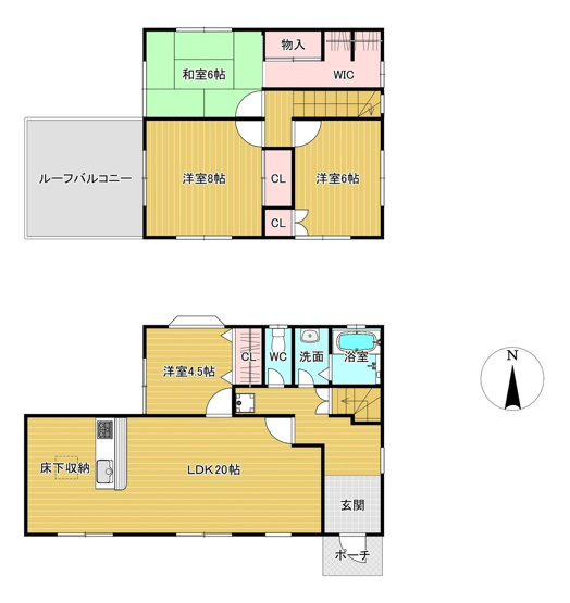 【間取り】 | 宗像市城西ヶ丘６丁目　戸建て | リビングも居室もゆったりとした造りの4LDKです。陽当りの良いルーフバルコニーがおすすめポイントです