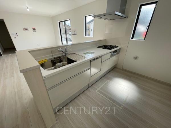 前橋市前箱田町1期 1号棟のキッチン|シンクも大きく洗い物もしやすい浄水器付。シャワーヘッドは引き出し可能、シンクの隅々まで洗い流せます。