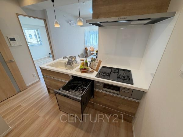 ベルメゾン末広Ｅのキッチン|シンクも大きく洗い物もしやすい浄水器付。シャワーヘッドは引き出し可能、シンクの隅々まで洗い流せます。