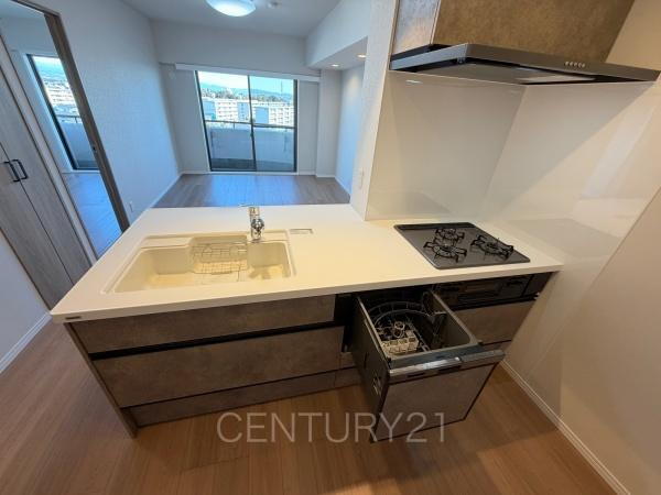 ベルヴィル高崎中居町のキッチン|シンクも大きく洗い物もしやすい浄水器付。シャワーヘッドは引き出し可能、シンクの隅々まで洗い流せます。