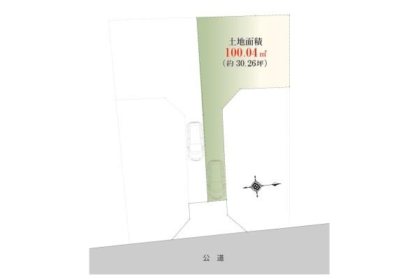 【土地図】 | 駒沢一丁目　古家付土地 | 土地面積は100.04平米としっかりとした広さがあります。公道に面しておりアクセスにも配慮された配置です。敷地形状が特徴的で用途の幅が広がります。駐車スペースも確保されています。