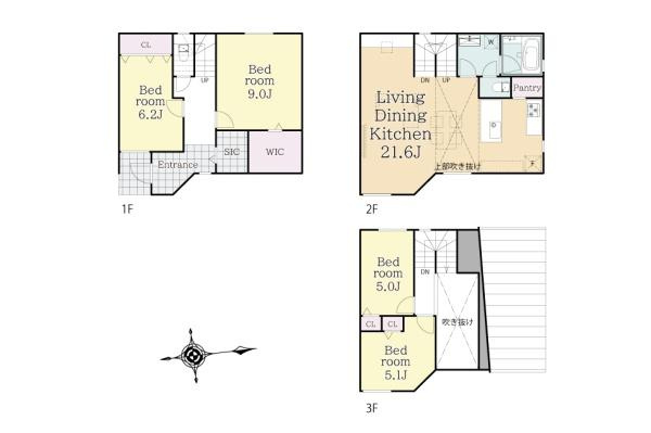 【その他】 | 駒沢一丁目　古家付土地 | 3階建てのプラン例でそれぞれの階にしっかりとした居室が配置されています。2階には広々としたリビングダイニングキッチンがあり生活空間が充実しています。