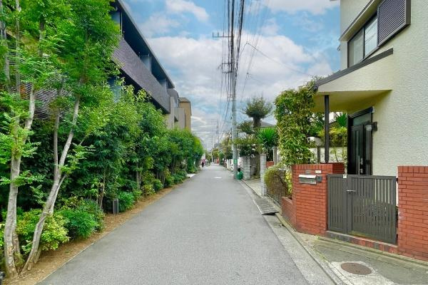 【前面道路含む現地写真】 | 駒沢一丁目　古家付土地 | 前面道路が広く車の出し入れもスムーズに行えます。周囲には植栽が豊富で緑が感じられる環境です。静かな住宅街に位置し穏やかな雰囲気が広がっています。建物の外観も調和が取れており清潔感のある印象です。
