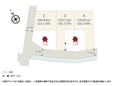 【区画図】 | 南北に奥行きのある敷地のため、建物と駐車スペースが収まりやすくなっております。自然光が入りやすくなっており、明るい空間で過ごそうですね。