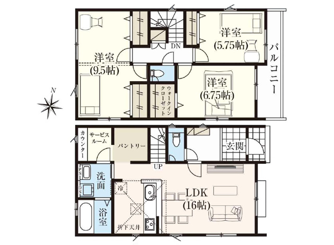 【間取り】 | 富士見市水谷東1丁目　新築一戸建住宅　全4棟　(志木本店) | キッチン・パントリー・サービスルーム・洗面所がウォークスルーでつながるので家事育児動線が良好です。
サービスルームはカウンターが設置されているのでアイロンがけやメイクルームとしてもご利用いただけます。
