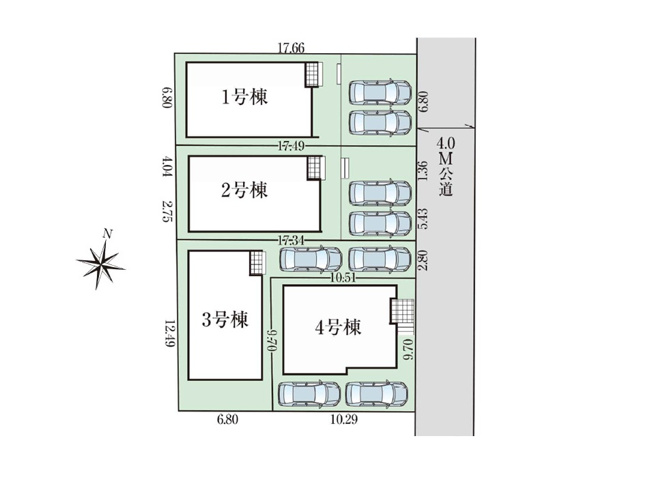 【区画図】 | 富士見市水谷東1丁目　新築一戸建住宅　全4棟　(志木本店) | 1号棟／4ｍ道路に面しているので車の出し入れもスムーズです。