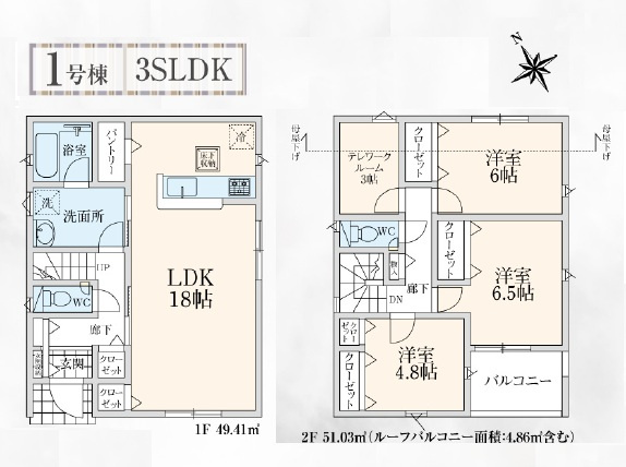 所沢市久米・全3棟　新築一戸建　1号棟　～駐車並列2台～の間取り|広々としたLDK18帖と色々な使い方ができる3帖のテレワークルーム、大容量の収納スペースが魅力の3LDKです♪