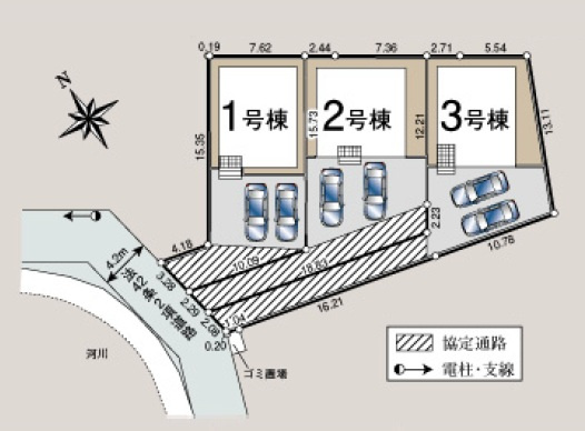 所沢市久米・全3棟　新築一戸建　1号棟　～駐車並列2台～の区画図|カースペースは並列2台可能。前面は協定通路になっているため車の出入りもしやすく便利です♪