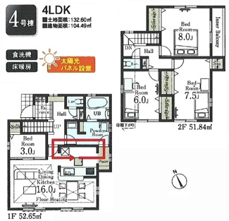 【間取り】 | 【仲介手数料無料！！】稲城市若葉台1丁目　新築戸建て（全9区画）4号棟 5580万円 | 4号棟 土地：132.60㎡（40.11坪）4LDK 車庫2台　建物：104.49㎡