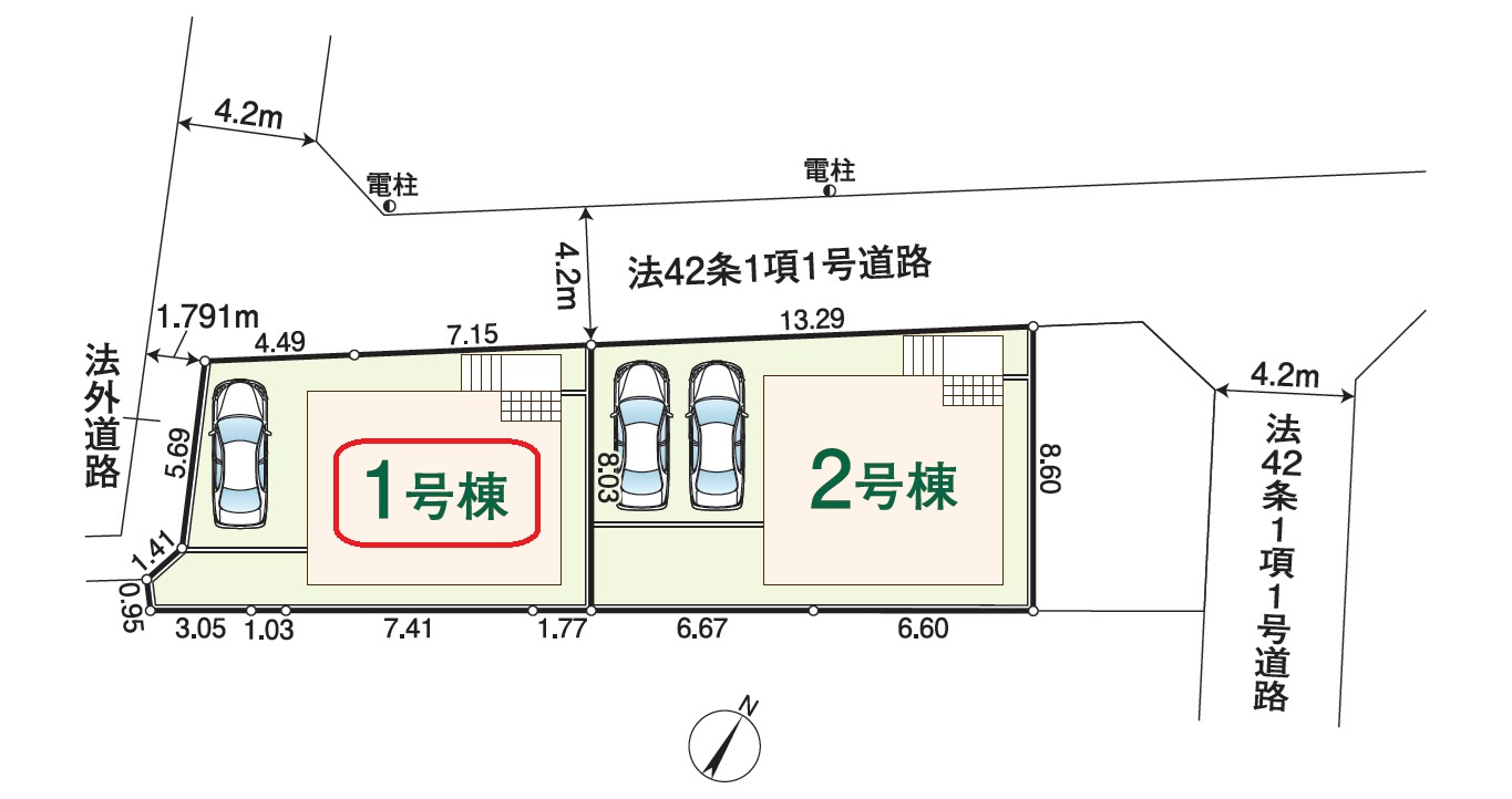 入間市小谷田2丁目・全2棟　新築一戸建　1号棟の区画図|【全2棟・1号棟】カースペース1台分。