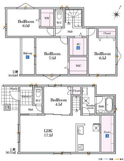大容量の収納が可能なファミリークローゼット付き。キッチンの動線をイメージし玄関からリビングへは2方向からアクセス可能。開放的なバルコニー付き。