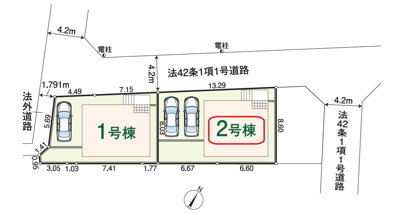 入間市小谷田2丁目・全2棟　新築一戸建　2号棟の区画図|【全2棟・2号棟】カースペース並列2台。