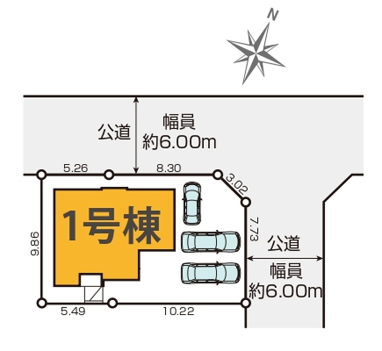 所沢市中富南3丁目・全1棟　新築一戸建　～LDK21.6帖～の区画図|日当たり・通風良好な北東・北西角地、駐車3台可能です。(車種制限あり)
