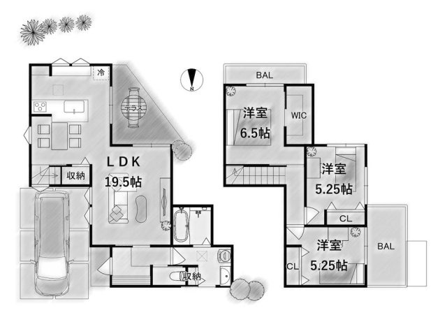 【土地図＋建物プラン例】 | 松尾大利町　建築条件無し売土地