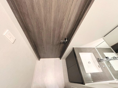 【独立洗面台】 | クレヴィア三軒茶屋 | シックな鏡面仕上げの洗面台と、木目調のドアが空間の統一感を演出。収納力とデザインを両立した、ホテルのようなパウダールームです。