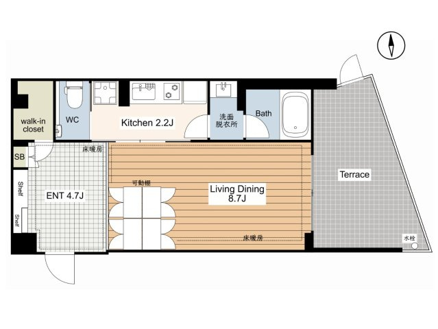 【間取り】 | クレヴィア三軒茶屋 | マルチエントランススペースとリビングダイニングには床暖房がついています。
開放的な空間は家具の配置もしやすく、インテリアコーディネートが楽しくなります。あなたらしい空間を創造してください。