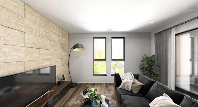 板橋区高島平5丁目 全2棟 A号棟の完成予想図|家の中心でもあるLDKは20帖の開放感
壁面には意匠性と実用性を兼ね備えたエコカラットを施してます
多面開口の明るく心地よい家族団らんスペースです
(A号棟)