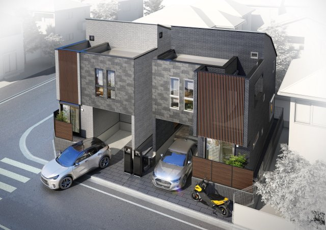 板橋区高島平5丁目 全2棟 B号棟の外観パース|「西高島平」駅徒歩4分の快適な立地に誕生します
南側約6ｍ公道×西側約12ｍ公道に面する角地を含む整形地の全2棟
イラストは図面を基に起こしたもので実際のものとは多少異なる場合がございます