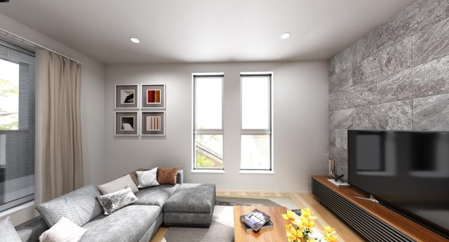 板橋区高島平5丁目 全2棟 B号棟の完成予想図|家の中心でもあるLDKは20.1帖の開放感
壁面には意匠性と実用性を兼ね備えたエコカラットを施してます
多面開口の明るく心地よい家族団らんスペースです
(B号棟)