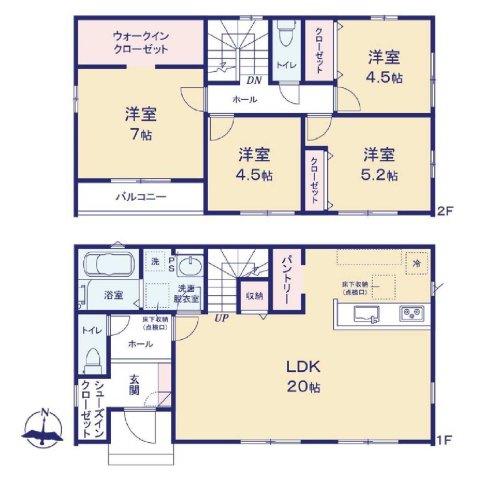 新築　前橋市前箱田町1期　2号棟の間取り|建物面積105.16㎡　広々20帖のLDK♪パントリー・シューズインクローク・ウォークインクローゼット各部屋収納付きで便利です！日当たりの良いバルコニーはお洗濯物もよく乾きそうです◎
						
