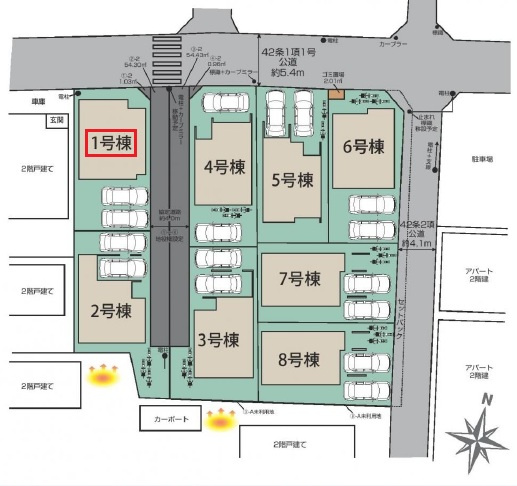所沢市小手指元町2丁目・全8棟　新築一戸建　1号棟の区画図|【全8棟・1号棟】
並列駐車2台可能です。