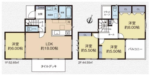 所沢市狭山ヶ丘2丁目・全1棟　新築一戸建　～LDK18帖～の間取り|LDK広々18帖、全室二面採光の4LDK。水回りが集中した家事動線の良い間取りです。