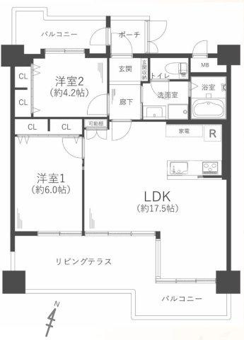 パラツィーナセシリア豊中の間取り|2LDK