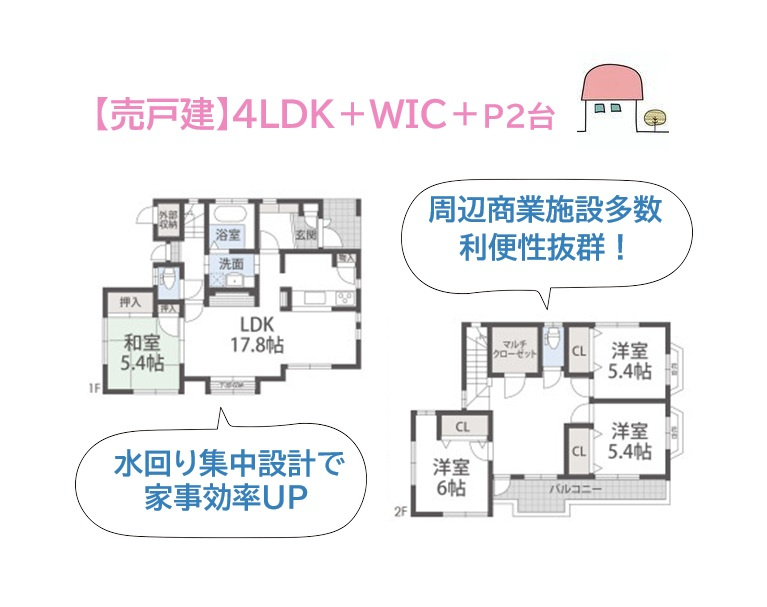 平塚市田村６丁目　中古戸建　39.04坪の間取り|水回りが集中した家事ラク動線！
全室収納に加え、季節物・アウトドア用品もスッキリ片付く「マルチクローゼット」をご用意しました♪