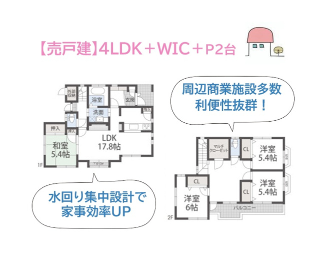 【間取り】 | 水回りが集中した家事ラク動線！
全室収納に加え、季節物・アウトドア用品もスッキリ片付く「マルチクローゼット」をご用意しました♪
